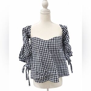 Haute Rogue Gingham Puff Sleeve Crop Top Black White Size M